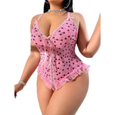 Western Plus Size Sheer Backless Valentines Day Print Summer Erotic Lingerie Teddy