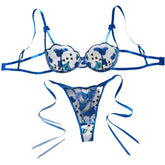 Western Butterfly Embroidery Pure Bra Lace Up Pantiess Erotic Seductive Underwear Clothings Lingerie Set