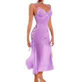 Western Sheer Mesh See Through Lace Backless High Split Slit Sling Strap Skirt Underwear Maxi Dress Lingerie Gown