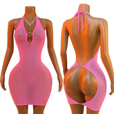 Rose Fishnet Dress Mesh Hollow Perspective Bodycon Underwear Dress Erotic Crotchless Lingerie