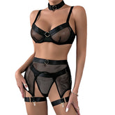 Erotic Mesh Patchwork 4 Piece Set Sensual Halter Neck Alluring Push Up Design Breathable Comfortable Lingerie Set Set