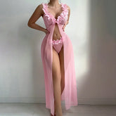 Lingerie Long Dress Deep-V Neck See Through Lace Night Dress Pink Nightwear See-through Thongs Erotic Set