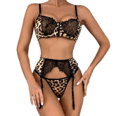 Womens Erotic Western Style 3 Piece Set Leopard Print Sensual Lace Patchwork Alluring Charming Breathable Lingerie Set