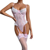 Womens Erotic Western Style Pink Contrast Lace Sensual Stretch Tight Alluring Charming Lingerie Set