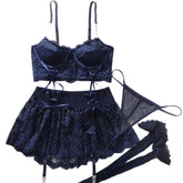 Womens Erotic Western Style Metal Chain Sensual Lace Patchwork Mesh See Through Alluring Charming Premium Lingerie Set