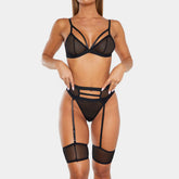 Womens Erotic Western Style See Through Lace 3 Piece Set Sensual Mesh Patchwork Alluring Charming Breathable Lingerie Set