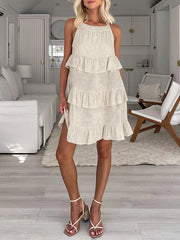 Ruffle Trim Solid Color Tied Zipper A-line Loose Spaghetti-Neck Mini Dresses