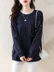 Chains Pockets Ruffled Split-Joint Three-Dimensional Flower Long Sleeves Loose Round-Neck T-Shirts Tops