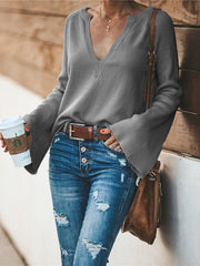Casual Long Sleeves Loose Solid Color V-Neck Sweater Tops