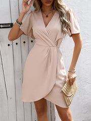 Pleated Solid Color Split-Joint Zipper A-Line Short Sleeves V-Neck Mini Dresses
