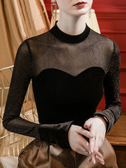 See-Through Split-Joint Velvet Long Sleeves Skinny Mock Neck T-Shirts Tops