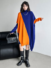 Asymmetric Contrast Color Split-Joint Batwing Sleeves Hipster High-neck Sweater Dresses Midi Dresses