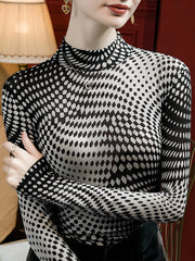 Contrast Color Printed Long Sleeves Plus Size Mock Neck T-Shirts Tops