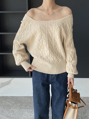 Solid Color Long Sleeves Off-The-Shoulder Sweater Tops Pullovers Knitwear