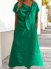 Asymmetric Solid Color Split-Joint Loose Raglan Sleeve Round-neck Midi Dresses