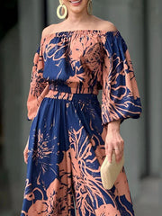 Loose Contrast Color Elasticity Floral Printed Off-The-Shoulder Shirts&Pants Suits