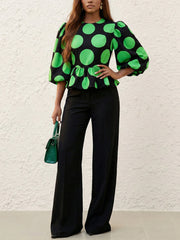Elasticity Pleated Polka-Dot Loose Puff Sleeves Round-Neck Blouses&Shirts Tops