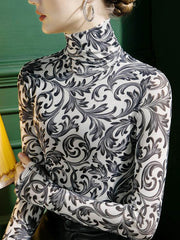 Contrast Color Split-Joint Long Sleeves Skinny High Neck T-Shirts Tops