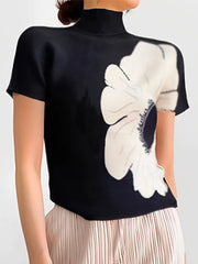 Flower Print Short Sleeves Skinny High Neck T-Shirts Tops