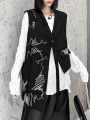 Asymmetric Buttoned Embroidered Sleeveless V-Neck Vest Top