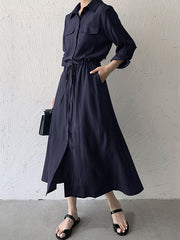 Casual A-Line Long Sleeves Bandage Solid Color Lapel Collar Shirt Midi Dresses