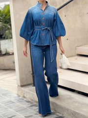 Buttoned Gradient Tied Waist Half Sleeves Puff Sleeves Stand Collar Blouses&Shirts Tops