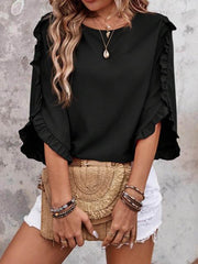 Pleated Ruffled Solid Color Split-Joint Loose Three-quarter Sleeves Round-neck Blouses&shirts Tops