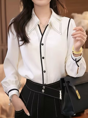 Buttoned Contrast Color Pleated Long Sleeves Lapel Blouses&Shirts Tops