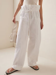 Drawstring Pockets Ruffled Solid Color Split-Joint Tied Waist High Waisted Loose Trousers Pants