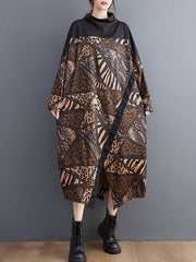 Asymmetric Printed Split-Front Split-Joint Long Sleeves Loose Mock Neck Midi Dresses
