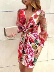 Flower Print Knot Mesh Split-Joint Bodycon Long Sleeves Deep V-Neck Mini Dresses
