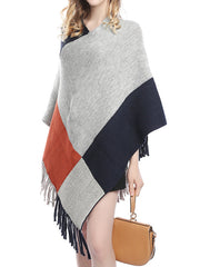 Asymmetric Color-Block Tasseled Loose V-Neck Shawl&Cloak Cape