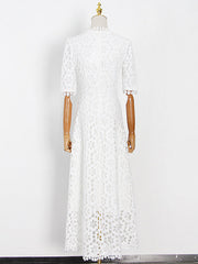 Hollow Solid Color Half Sleeves Deep V-Neck Maxi Dresses