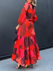 Leopard Pleated Printed Split-Joint Long Sleeves Loose V-Neck Maxi Dresses