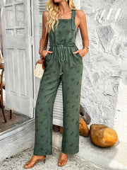 Buttoned Drawstring Pockets Printed Sleeveless Spaghetti-Neck Jumpsuits