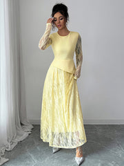 Asymmetric Flower Print Layered See-Through Solid Color Split-Joint A-Line Irregularity Round-Neck Maxi Dresses