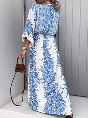 Buttoned Drawstring Flower Print Pleated Tied Waist Long Sleeves Loose V-Neck Maxi Dresses