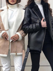 Buckle Keep Warm Pockets Split-Joint Velvet Zipper Long Sleeves Loose Notched Collar Outerwear