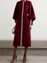 Contrast Color Pleated Printed Split-Joint Batwing Sleeves Elasticated Waist Round-Neck Midi Dresses