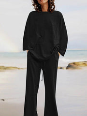 Solid Color Loose Round-neck Long Sleeves Shirts Top + Drawstring Pants Bottom Two Pieces Set