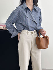 Asymmetric Split-Joint Striped Long Sleeves Loose Lapel Blouses