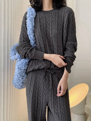 Casual Loose Long Sleeves Jacquard Solid Color Round-Neck Sweater Tops