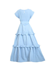 Buttoned Pockets Ruffle Trim Split-Joint Zipper A-Line Loose V-Neck Maxi Dresses