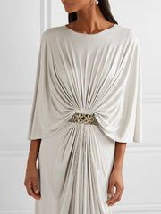 Belted Pleated Solid Color Loose Round-neck Maxi Dresses