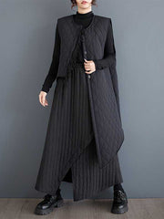Asymmetric Buttoned Quilted Solid Color Loose Sleeveless Round-Neck Padded Vest