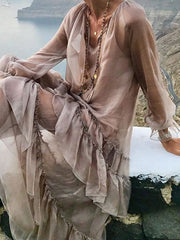 Solid Color Split-Joint High Waisted Long Sleeves Elasticity Mesh Ruffled V-Neck Inner Dress +Outer Maxi Dresses Two Pieces Set