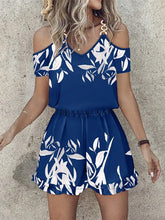 Elasticity Leaves Print Loose Short Sleeves Cold Shoulder Rompers