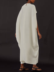 Pleated Solid Color Split-Joint Loose Raglan Sleeve Round-Neck Maxi Dresses