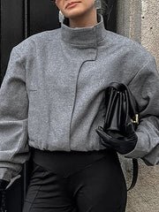 Elasticity Solid Color Long Sleeves Loose Stand Collar Woolen Coat