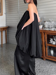 Elasticity Pleated Solid Color Split-Joint High-Low Sleeveless Tube Blouses&Shirts Tops